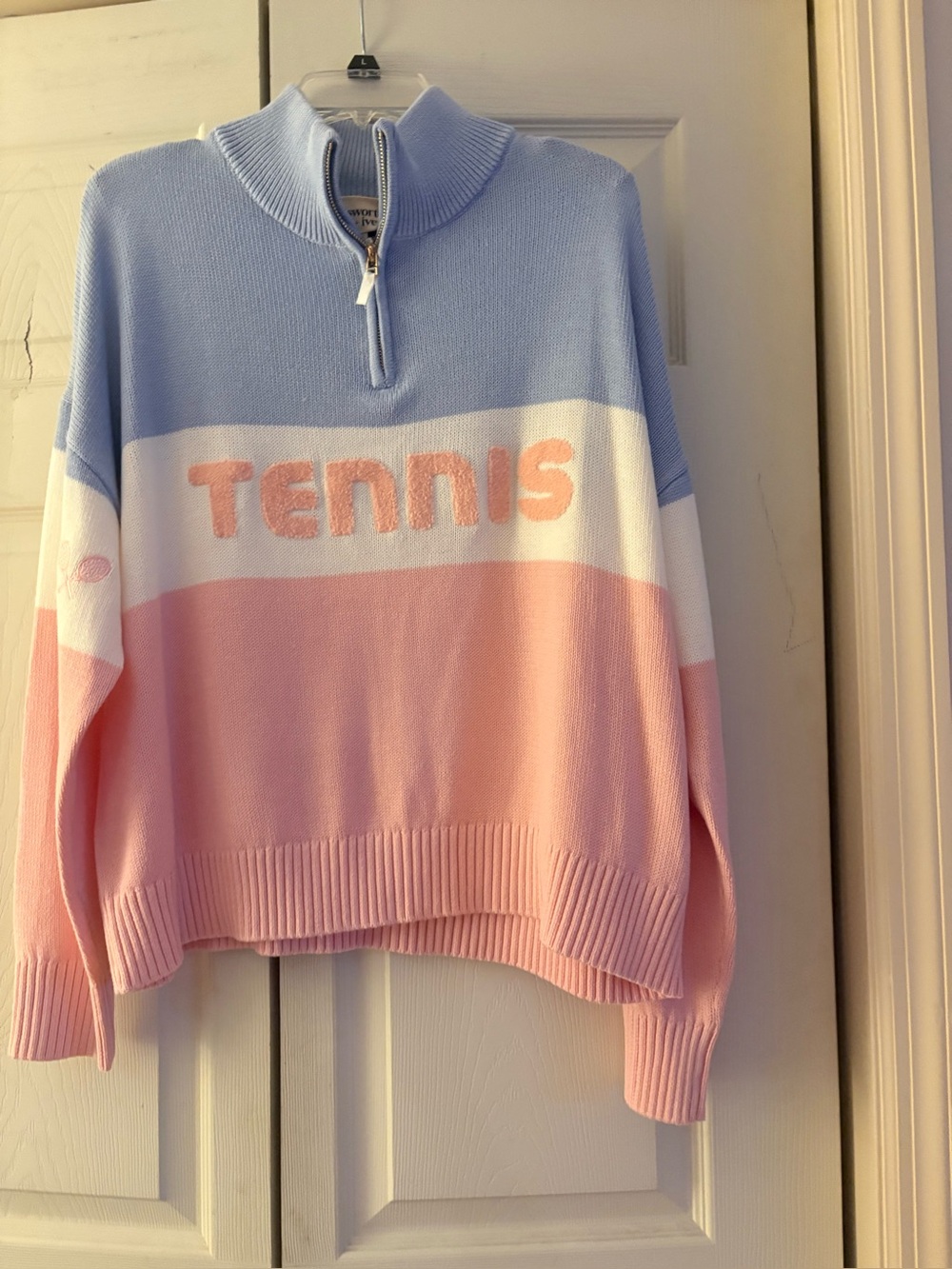 Tennis Colorblock Half-Zip Sweater - Pastel Blue, White & Pink